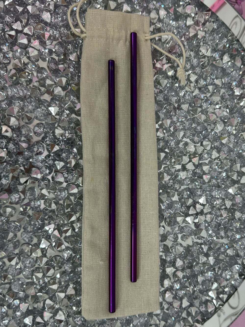 Set of 2 reusable straws metal Purple Metal Reusable Straws with Carry Pouch